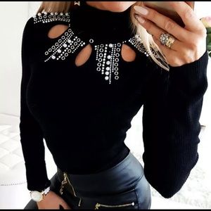 Black turtle neck with rhinetones